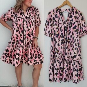Pink Leopard Print Ruffle Hem Shirt Dress